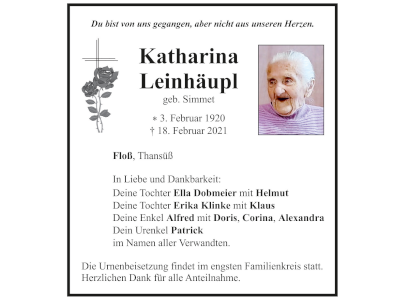 Traueranzeige Katharina Leinhäupl, Floß