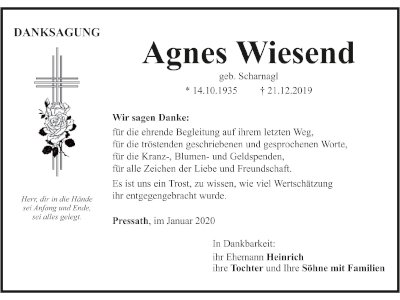Danksagung Agnes Wiesend, Pressath
