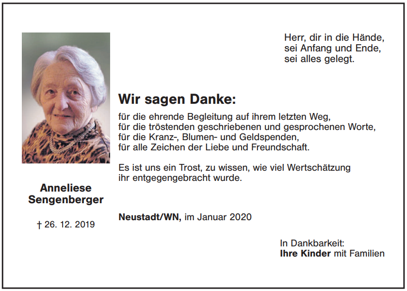 Danksagung Anneliese Sengenberger, Neustadt/WN