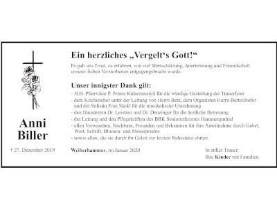 Danksagung Anni Biller, Weiherhammer