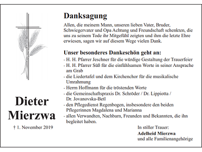 Danksagung Dieter Mierzwa, Eschenbach