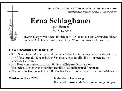 Danksagung Erna Schlagbauer, Weiden