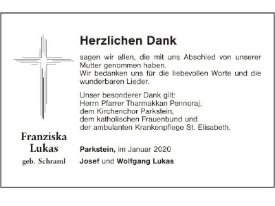 Danksagung Franziska Lukas, Parkstein