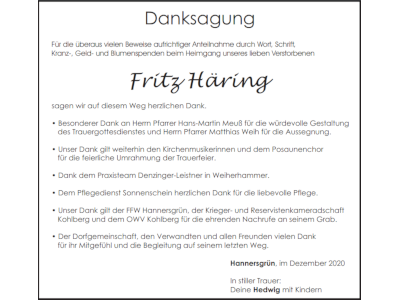 Danksagung Fritz Häring, Hannersgrün