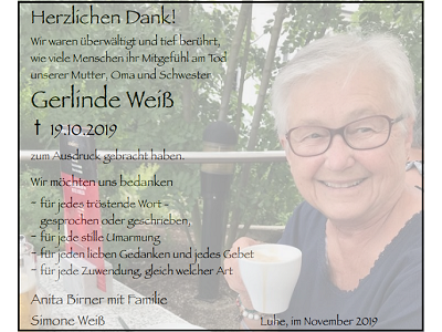 Danksagung Gerlinde Weiß, Luhe