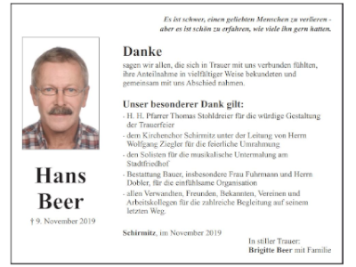 Danksagung Hans Beer, Schirmitz