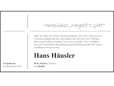 Danksagung Hans Häusler, Eschenbach