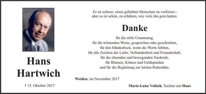 Danksagung Hans Hartwich, Weiden