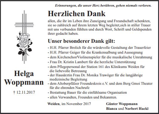 Danksagung Helga Woppmann, Weiden