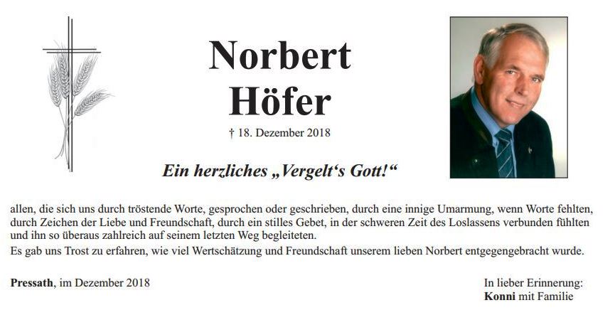 Danksagung Norbert Höfer, Pressath
