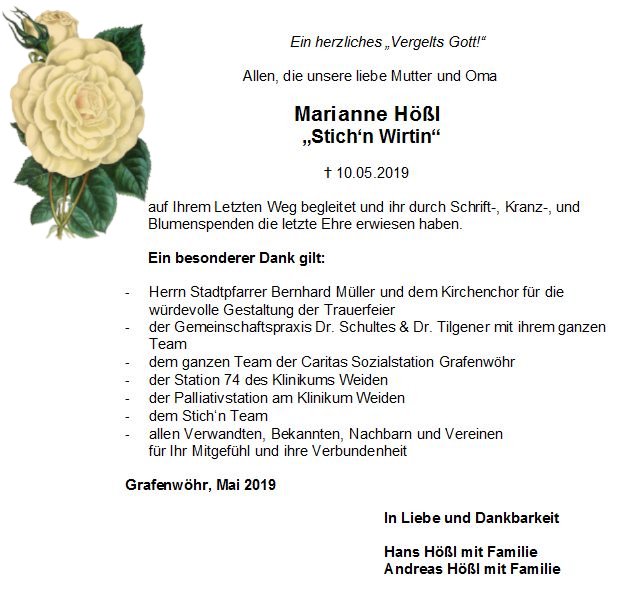 Danksagung Familie Hößl, Grafenwöhr