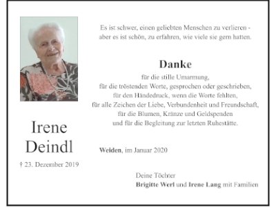 Danksagung Irene Deindl, Weiden