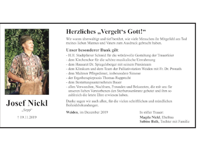 Danksagung Josef Nickl, Weiden