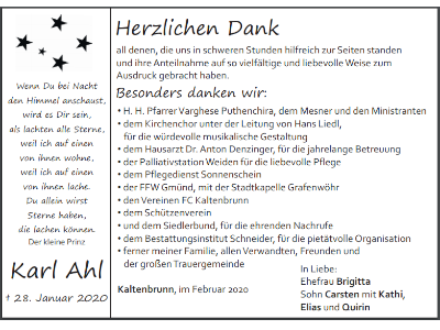 Danksagung Karl Ahl, Kaltenbrunn