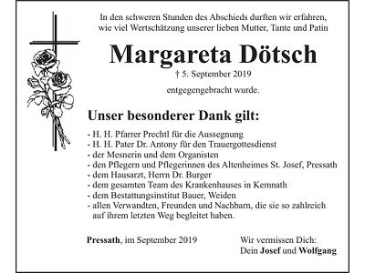 Danksagung Margareta Dötsch, Pressath