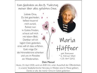 Danksagung Maria Häffner, Weiden