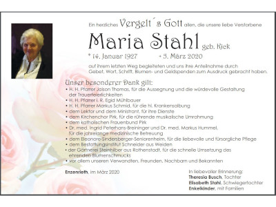 Danksagung Maria Stahl, Enzenrieth