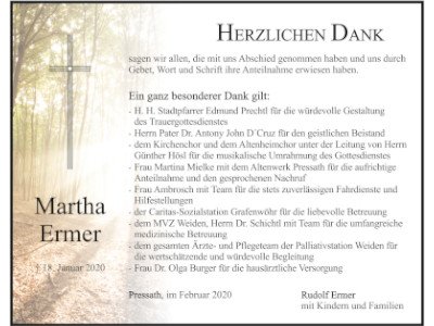 Danksagung Martha Ermer, Pressath