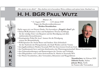Danksagung Paul Wutz, Weiden-Neunkirchen