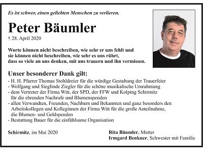 Danksagung Peter Bäumler, Schirmitz