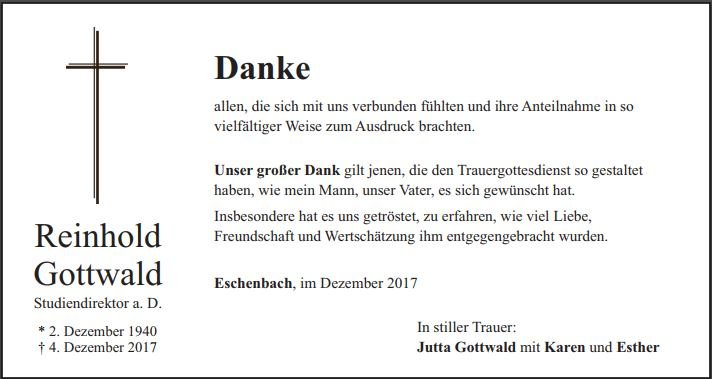 Danksagung Reinhold Gottwald, Eschenbach