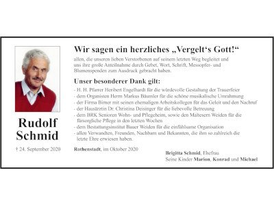Danksagung Rudolf Schmid, Rothenstadt