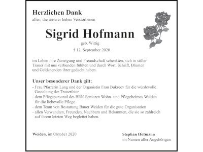 Danksagung Sigird Hofmann, Weiden