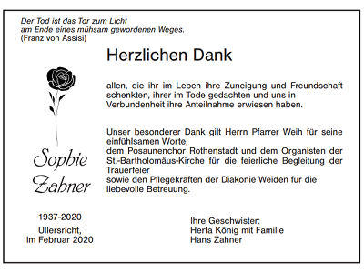 Danksagung Sophie Zahner, Ullersricht