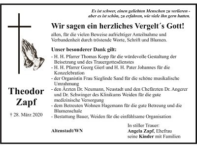 Danksagung Theodor Zapf, Altenstadt/WN