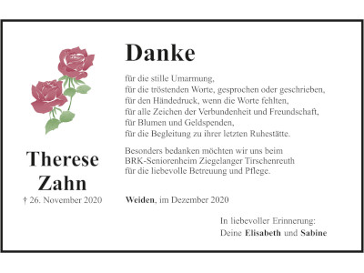 Danksagung Therese Zahn, Weiden