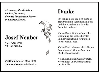 Danksagung Josef Neuber, Zintlhammer