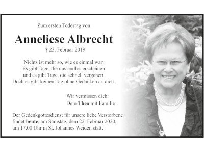 Gedenkanzeige Anneliese Albrecht, Weiden