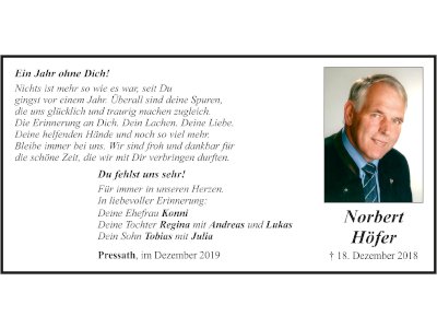 Gedenkanzeige Norbert Höfer, Pressath
