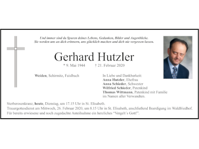 Traueranzeige Gerhard Hutzler, Weiden