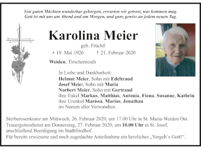 Traueranzeige Karolina Meier, Weiden