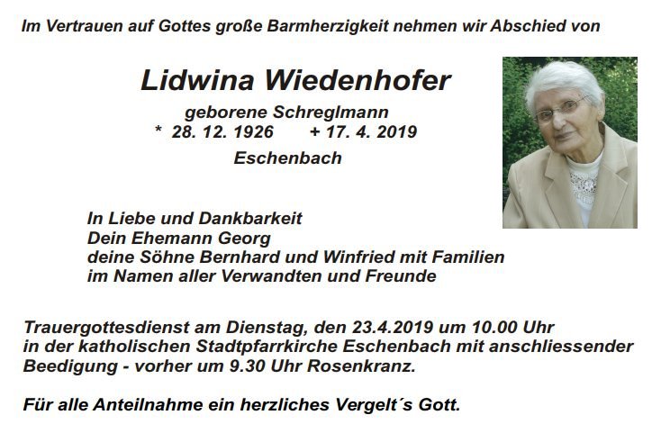 Traueranzeige Lidwina Wiedenhofer, Eschenbach