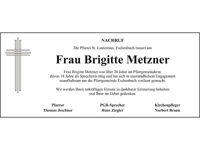 Nachruf Brigitte Metzner, Eschenbach