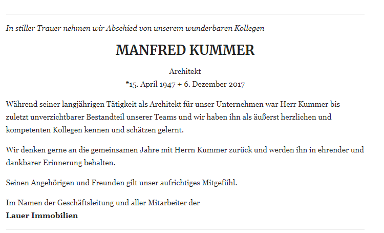 Nachruf Manfred Kummer, Eschenbach