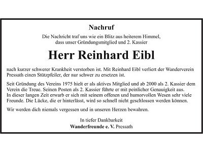 Nachruf Reinhard Eibl, Pressath