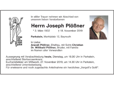 Traueranzeige Joseph Plößner, Parkstein
