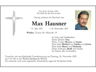 Traueranzeige Max Hausner, Weiden