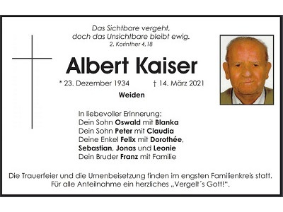 Traueranzeige Albert Kaiser, Weiden