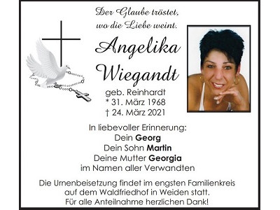 Traueranzeige Angelika Wiegandt, Weiden