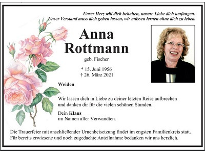 Traueranzeige Anna Rottmann, Weiden