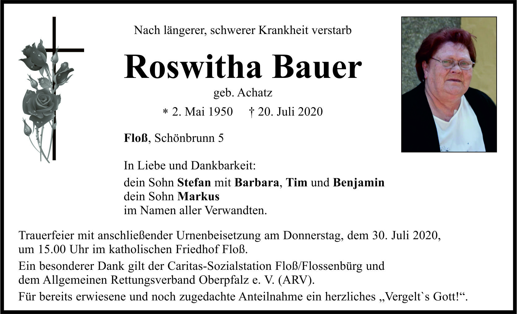 Traueranzeige Roswitha Bauer, Floß