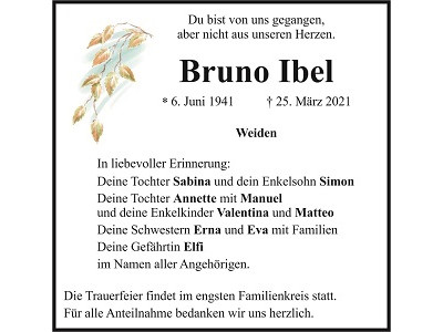 Traueranzeige Bruno Ibel, Weiden