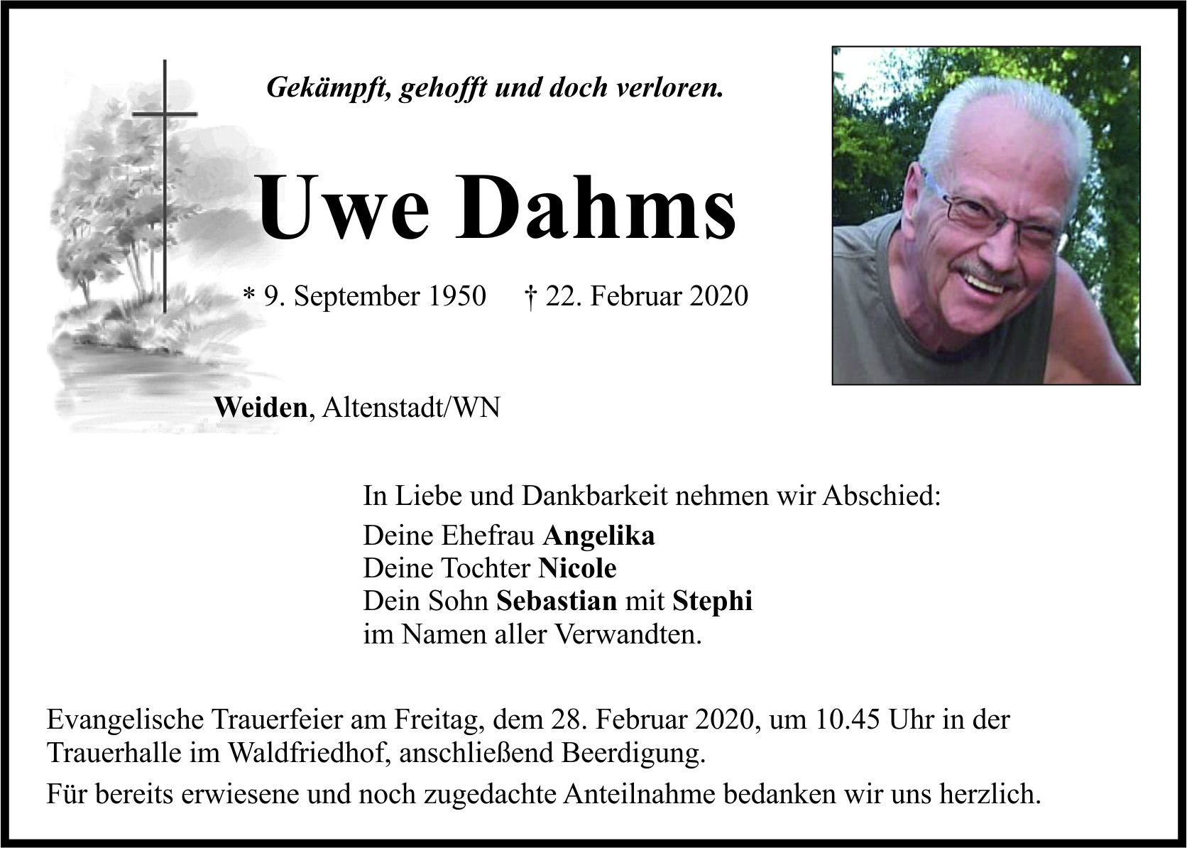 Traueranzeige Uwe Dahms, Weiden