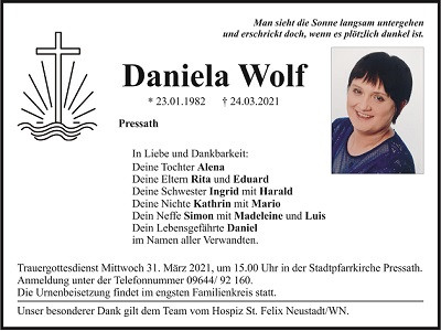 Traueranzeige Daniela Wolf, Pressath