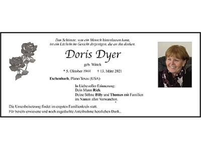 Traueranzeige Doris Dyer, Eschenbach