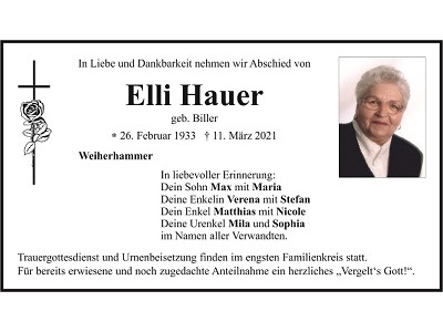 Traueranzeige Elli Hauer, Weiherhammer